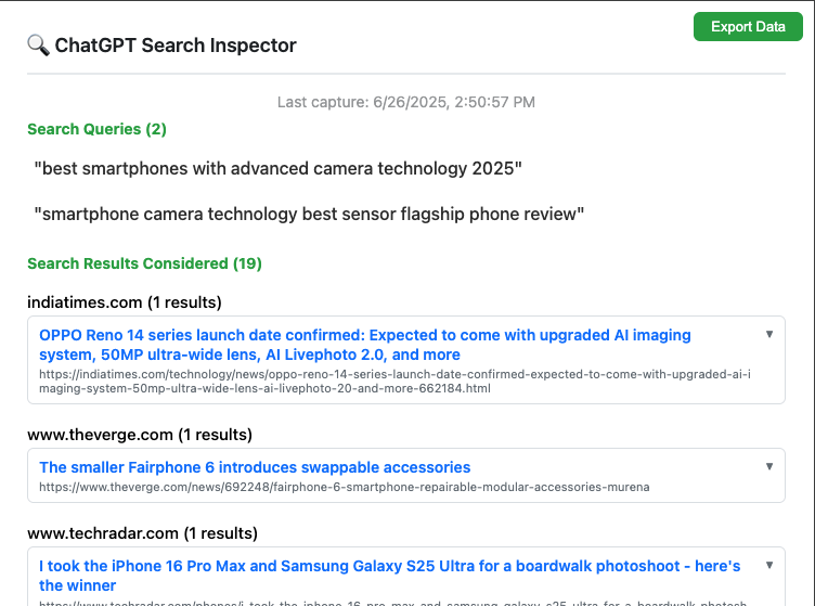 ChatGPT Search Inspector extension screenshot